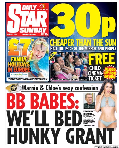 Daily Star Sunday Newspaper Front Page (UK) for 31 July 2016