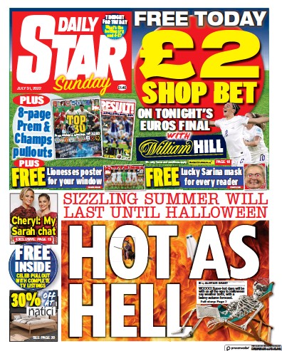 Daily Star Sunday Newspaper Front Page (UK) for 31 July 2022