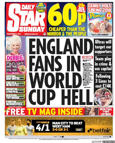 Daily Star Sunday Newspaper Front Page (UK) for 3 December 2017