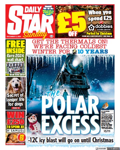 Daily Star Sunday Newspaper Front Page (UK) for 3 December 2023