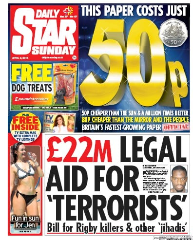 Daily Star Sunday Newspaper Front Page (UK) for 3 April 2016