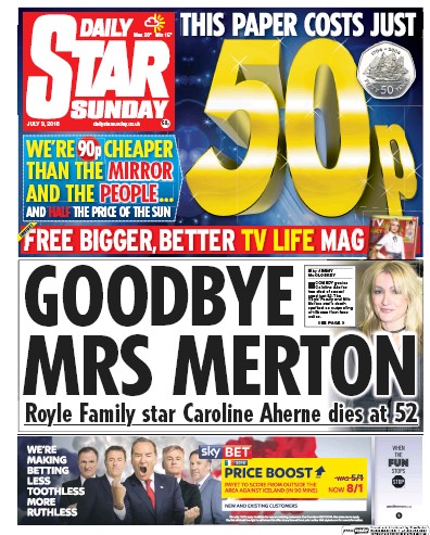 Daily Star Sunday Newspaper Front Page (UK) for 3 July 2016