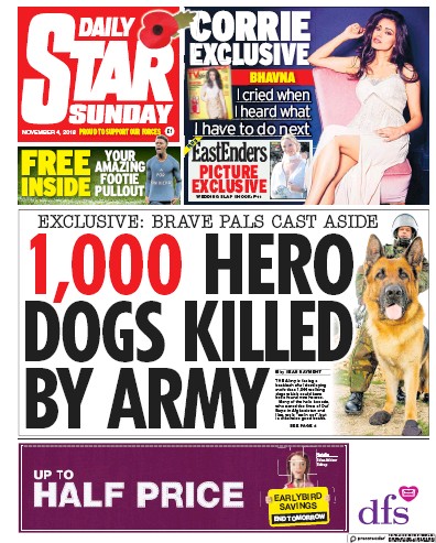 Daily Star Sunday Newspaper Front Page (UK) for 4 November 2018
