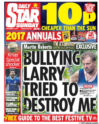 Daily Star Sunday Newspaper Front Page (UK) for 4 December 2016