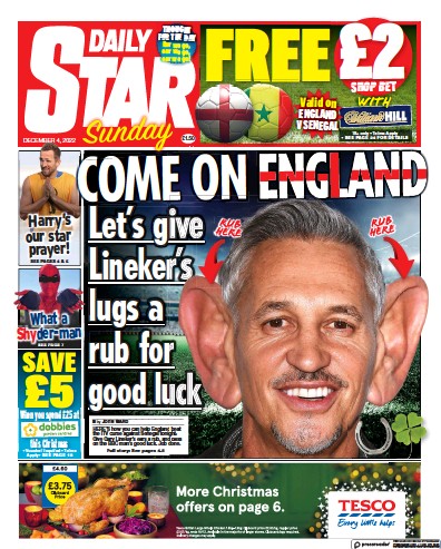 Daily Star Sunday Newspaper Front Page (UK) for 4 December 2022