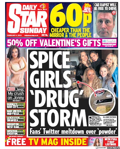 Daily Star Sunday Newspaper Front Page (UK) for 4 February 2018