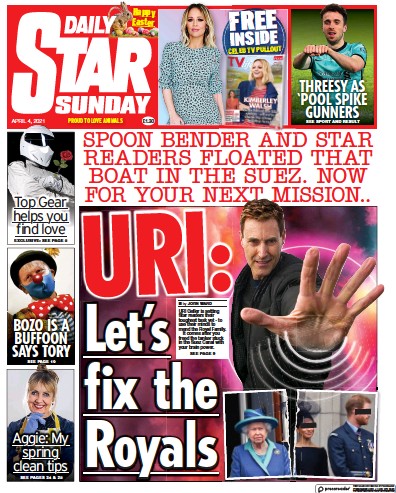 Daily Star Sunday Newspaper Front Page (UK) for 4 April 2021