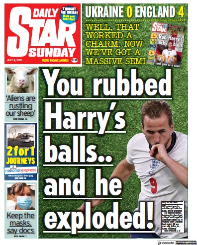 Daily Star Sunday Newspaper Front Page (UK) for 4 July 2021