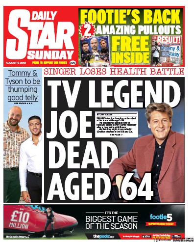 Daily Star Sunday Newspaper Front Page (UK) for 4 August 2019