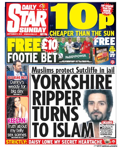 Daily Star Sunday Newspaper Front Page (UK) for 4 September 2016
