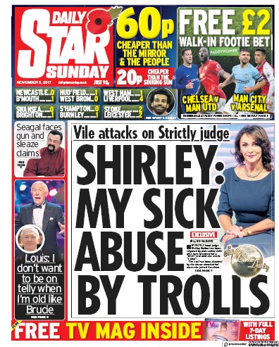 Daily Star Sunday Newspaper Front Page (UK) for 5 November 2017
