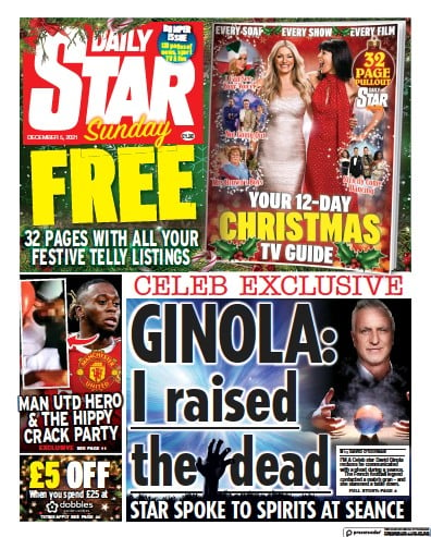 Daily Star Sunday Newspaper Front Page (UK) for 5 December 2021