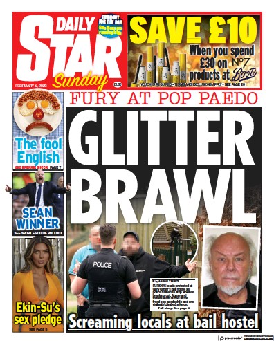 Daily Star Sunday Newspaper Front Page (UK) for 5 February 2023