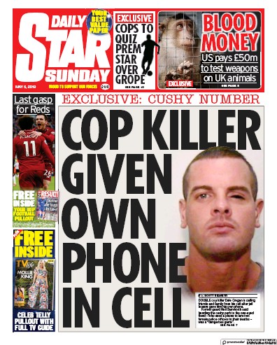 Daily Star Sunday Newspaper Front Page (UK) for 5 May 2019