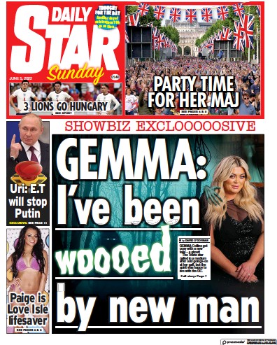 Daily Star Sunday Newspaper Front Page (UK) for 5 June 2022