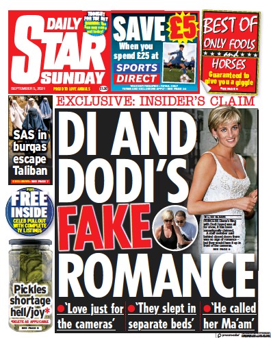 Daily Star Sunday Newspaper Front Page (UK) for 5 September 2021