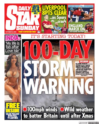Daily Star Sunday Newspaper Front Page (UK) for 6 October 2019