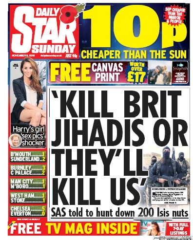 Daily Star Sunday Newspaper Front Page (UK) for 6 November 2016
