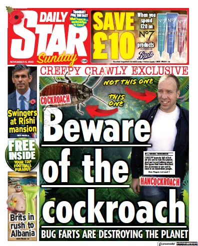 Daily Star Sunday Newspaper Front Page (UK) for 6 November 2022