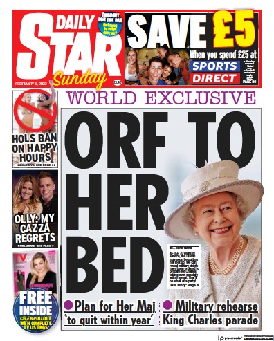 Daily Star Sunday Newspaper Front Page (UK) for 6 February 2022