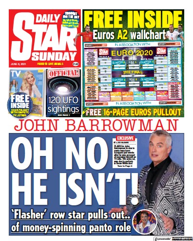 Daily Star Sunday Newspaper Front Page (UK) for 6 June 2021