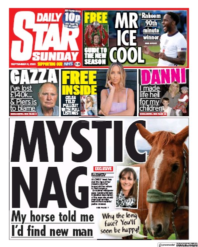 Daily Star Sunday Newspaper Front Page (UK) for 6 September 2020