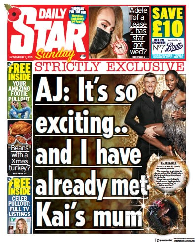 Daily Star Sunday Newspaper Front Page (UK) for 7 November 2021