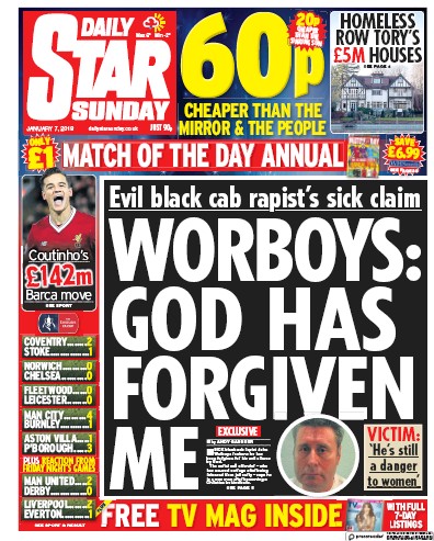 Daily Star Sunday Newspaper Front Page (UK) for 7 January 2018