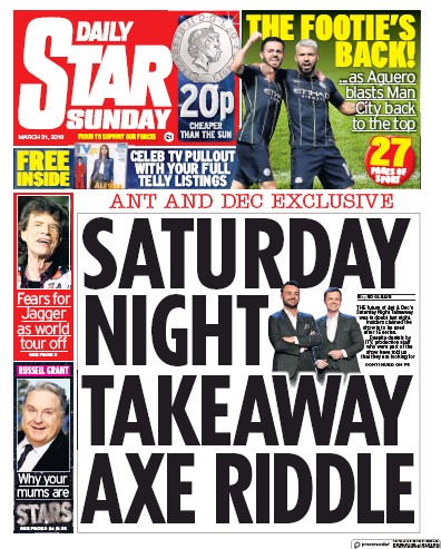 Daily Star Sunday Newspaper Front Page (UK) for 7 April 2019