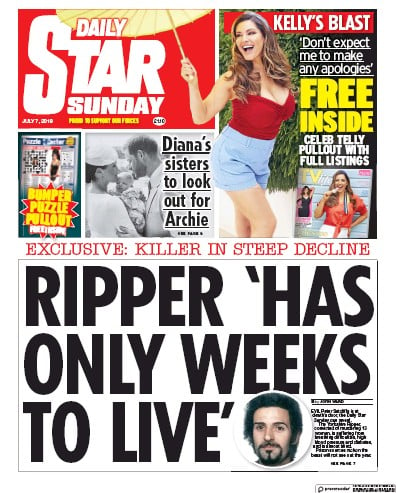Daily Star Sunday Newspaper Front Page (UK) for 7 July 2019