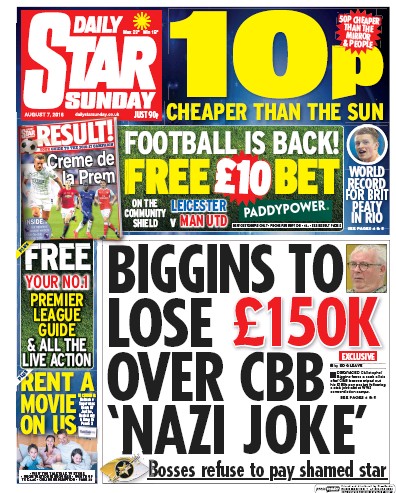 Daily Star Sunday Newspaper Front Page (UK) for 7 August 2016