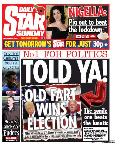 Daily Star Sunday Newspaper Front Page (UK) for 8 November 2020