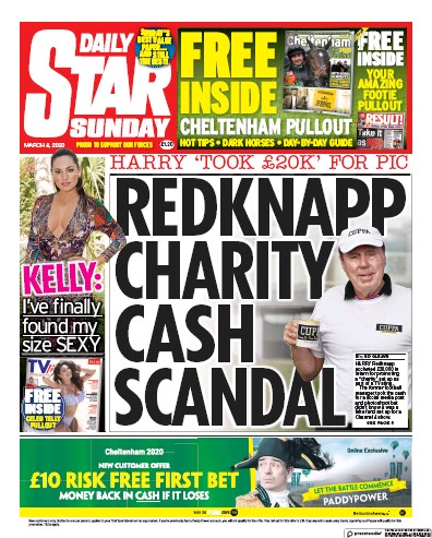 Daily Star Sunday Newspaper Front Page (UK) for 8 March 2020