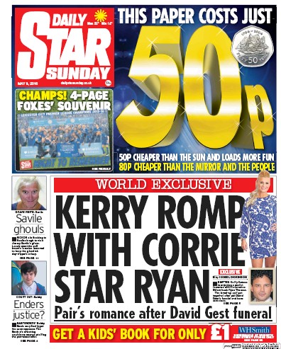 Daily Star Sunday Newspaper Front Page (UK) for 8 May 2016
