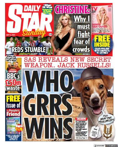 Daily Star Sunday Newspaper Front Page (UK) for 8 May 2022