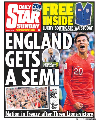 Daily Star Sunday Newspaper Front Page (UK) for 8 July 2018