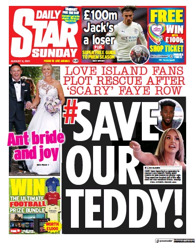 Daily Star Sunday Newspaper Front Page (UK) for 8 August 2021