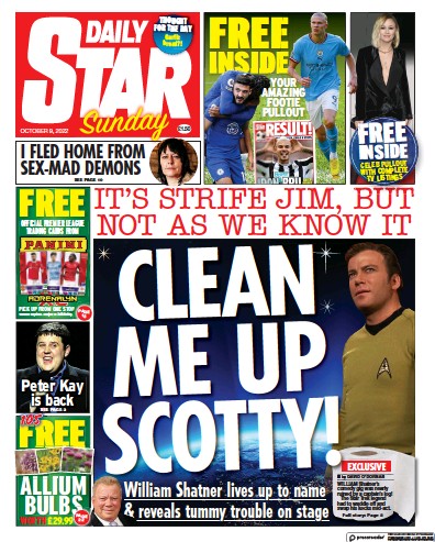 Daily Star Sunday Newspaper Front Page (UK) for 9 October 2022