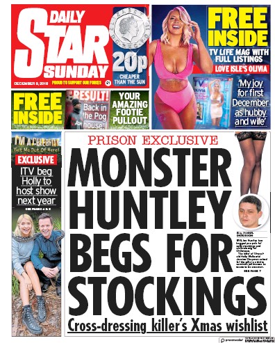Daily Star Sunday Newspaper Front Page (UK) for 9 December 2018