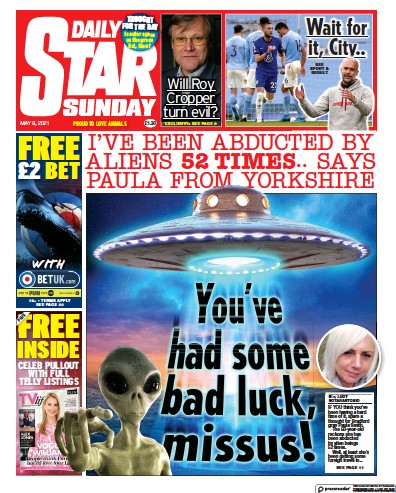 Daily Star Sunday Newspaper Front Page (UK) for 9 May 2021