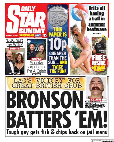 Daily Star Sunday Newspaper Front Page (UK) for 9 August 2020