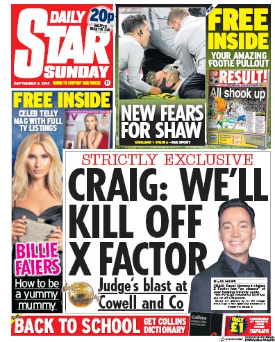 Daily Star Sunday Newspaper Front Page (UK) for 9 September 2018