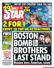 Daily Star Sunday Newspaper Front Page (UK) for 20 April 2013