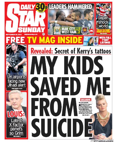 Daily Star Sunday Newspaper Front Page (UK) for 20 September 2015