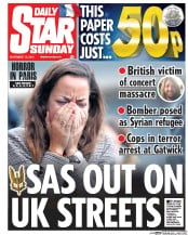 Daily Star Sunday (UK) Newspaper Front Page for 21 November 2015