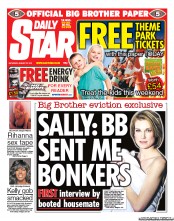 Daily Star Sunday (UK) Newspaper Front Page for 27 August 2011