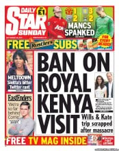 Daily Star Sunday (UK) Newspaper Front Page for 29 September 2013