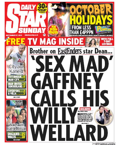 Daily Star Sunday Newspaper Front Page (UK) for 3 October 2015