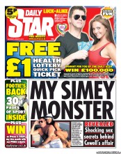 Daily Star Sunday (UK) Newspaper Front Page for 3 August 2013