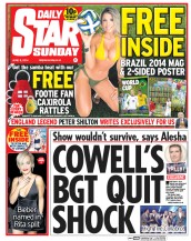Daily Star Sunday Newspaper Front Page (UK) for 8 June 2014